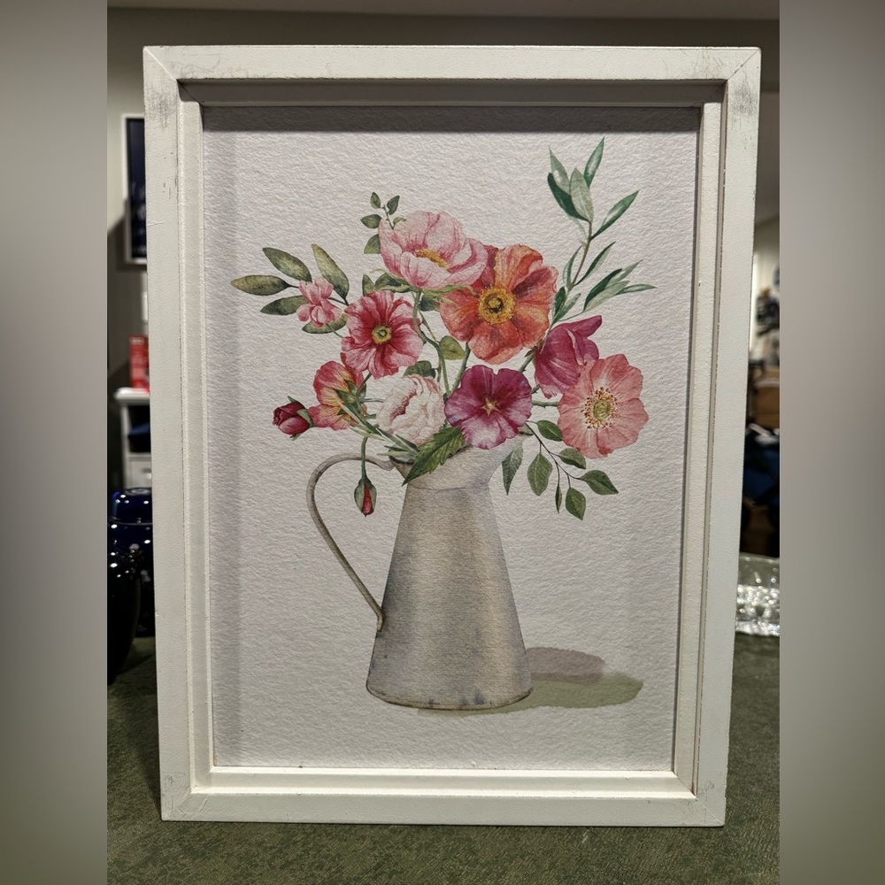 White Wooden Framed Florals In Water Can Wall Art! Adorable! Farm House Style!